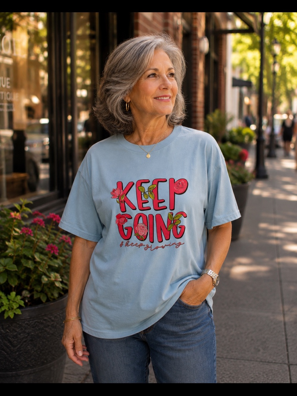 Keep Going Floral Graphic Tee - Light Blue. Comes in small through 5X.
